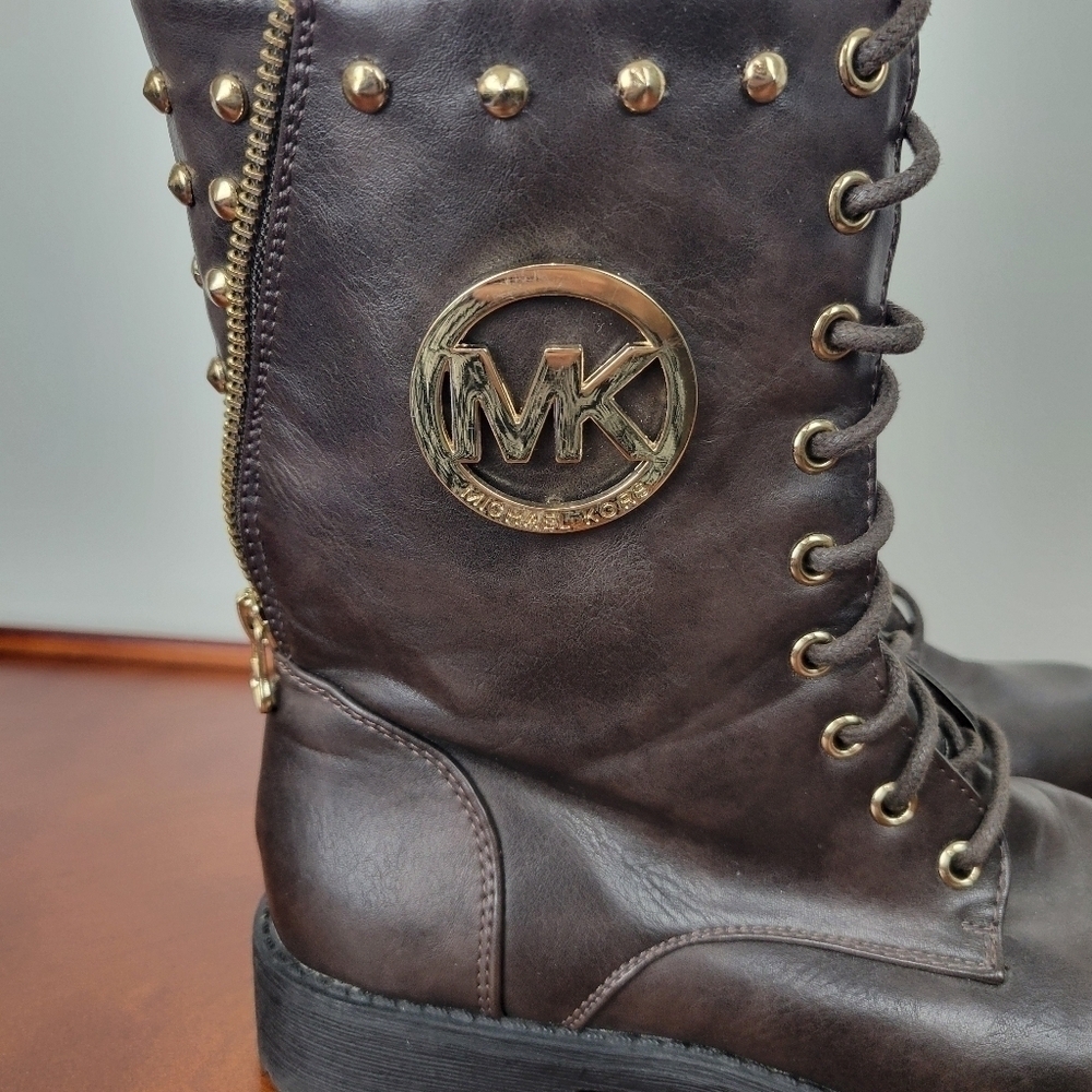 Michael Kors Dark Brown Leather with Gold Detail Lace/Zip Combat Boots Size 6 - Picture 5 of 12